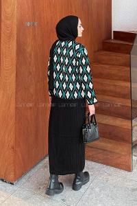 Lamelif Baklava Desen Etekli Triko Takım Siyah-Zümrüt