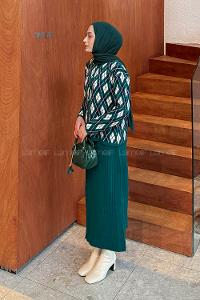 Lamelif Baklava Desen Etekli Triko Takım Zümrüt