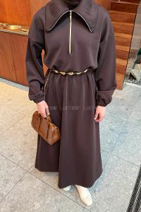 Lamelif Boğazlı Scuba Elbise Acı Kahve