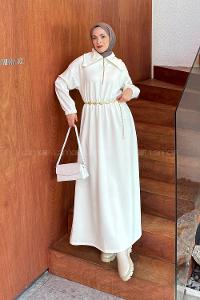 Lamelif Boğazlı Scuba Elbise Beyaz