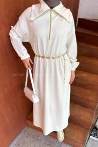 Lamelif Boğazlı Scuba Elbise Beyaz