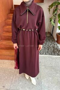 Lamelif Boğazlı Scuba Elbise Bordo