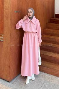 Boğazlı Scuba Elbise Şeker Pembesi