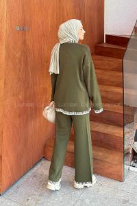 Lamelif Çizgili Triko Takım Haki