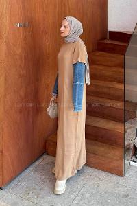 Lamelif Denim Kol Detaylı Tesettür Elbise Sütlü Kahve