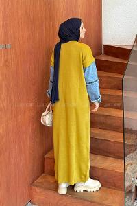 Lamelif Denim Kol Detaylı Tesettür Elbise Yağ Yeşili