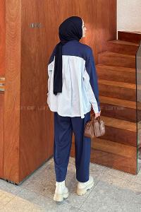 Navy Blue Crew Neck Long Arm Modal Viscose Regular Trousers Comfortable Suit