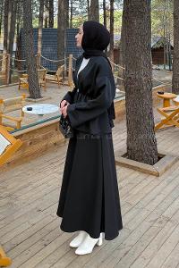 Black V Neck Long Arm Cotton Regular Trousers Flared Skirt Suit