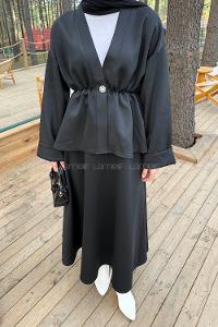 Black V Neck Long Arm Cotton Regular Trousers Flared Skirt Suit