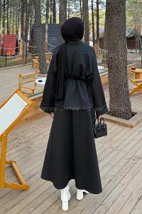 Black V Neck Long Arm Cotton Regular Trousers Flared Skirt Suit