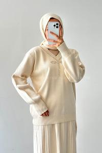 Lamelif Taş Detaylı Etekli İkili Takım Bej