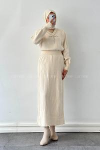 Lamelif Taş Detaylı Etekli İkili Takım Bej