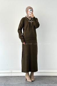 Lamelif Taş Detaylı Etekli İkili Takım Haki