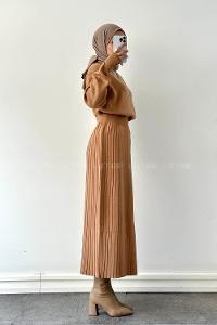 Lamelif Taş Detaylı Etekli İkili Takım Sütlü Kahve