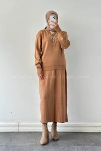 Lamelif Taş Detaylı Etekli İkili Takım Sütlü Kahve