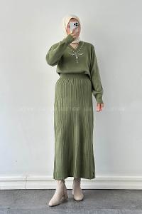 Lamelif Taş Detaylı Etekli İkili Takım Yeşil