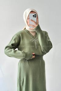 Lamelif Taş Detaylı Etekli İkili Takım Yeşil