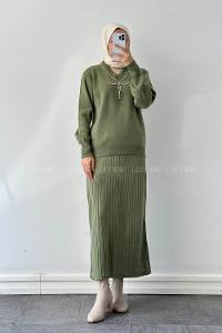 Lamelif Taş Detaylı Etekli İkili Takım Yeşil