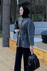 Lamelif Bel Lastikli Bağlama Detaylı Ceket Antrasit