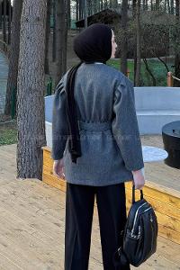 Lamelif Bel Lastikli Bağlama Detaylı Ceket Antrasit