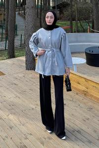 Lamelif Bel Lastikli Bağlama Detaylı Ceket Gri