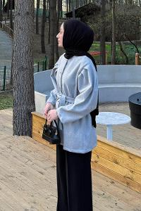 Lamelif Bel Lastikli Bağlama Detaylı Ceket Gri