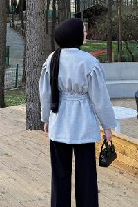Lamelif Bel Lastikli Bağlama Detaylı Ceket Gri