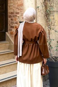 Lamelif Bel Lastikli Bağlama Detaylı Ceket Taba