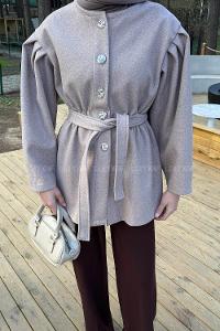 Lamelif Bel Lastikli Bağlama Detaylı Ceket Vizon