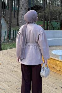 Lamelif Bel Lastikli Bağlama Detaylı Ceket Vizon
