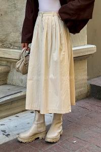 Lamelif Düğme Detaylı Pileli Etek Bej