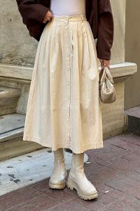 Lamelif Düğme Detaylı Pileli Etek Bej