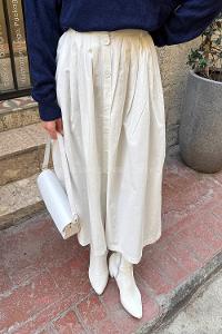 Lamelif Düğme Detaylı Pileli Etek Ekru