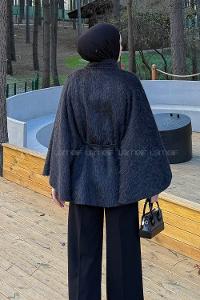 Lamelif Düğmeli Kemerli Panço Siyah