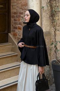 Lamelif Kemerli Tesettür Panço Siyah