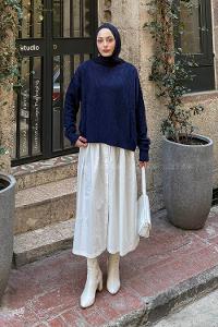 Lamelif Kendinden Desenli Triko Kazak Lacivert