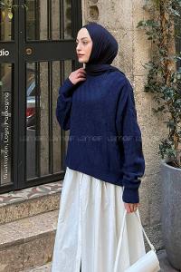 Lamelif Kendinden Desenli Triko Kazak Lacivert