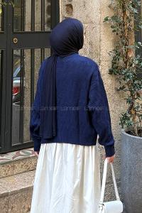 Lamelif Kendinden Desenli Triko Kazak Lacivert