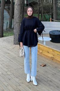 Lamelif Kol Biyeli Sweat Koyu Lacivert