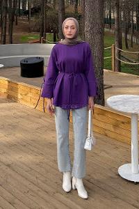 Lamelif Kol Biyeli Sweat Mor