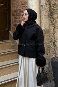 Lamelif Kol Kürk Detaylı Kaban Siyah