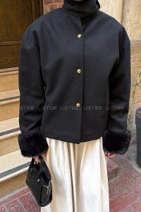 Lamelif Kol Kürk Detaylı Kaban Siyah