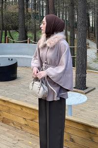 Lamelif Kürk Yakalı Panço Soft Kahve