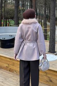 Lamelif Kürk Yakalı Panço Soft Kahve