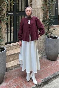 Lamelif V Yaka Kolları Lastikli Müslin Tesettür Gömlek Bordo