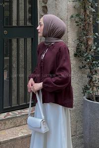 Lamelif V Yaka Kolları Lastikli Müslin Tesettür Gömlek Bordo