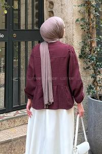 Lamelif V Yaka Kolları Lastikli Müslin Tesettür Gömlek Bordo