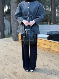 Lamelif Gümüş Fermuarlı Suni Deri Sırt Çantası