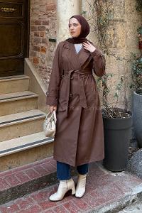 Lamelif Apoletli Klasik Kuşaklı Trençko Kahverengi