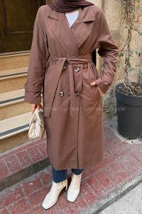 Lamelif Apoletli Klasik Kuşaklı Trençko Kahverengi